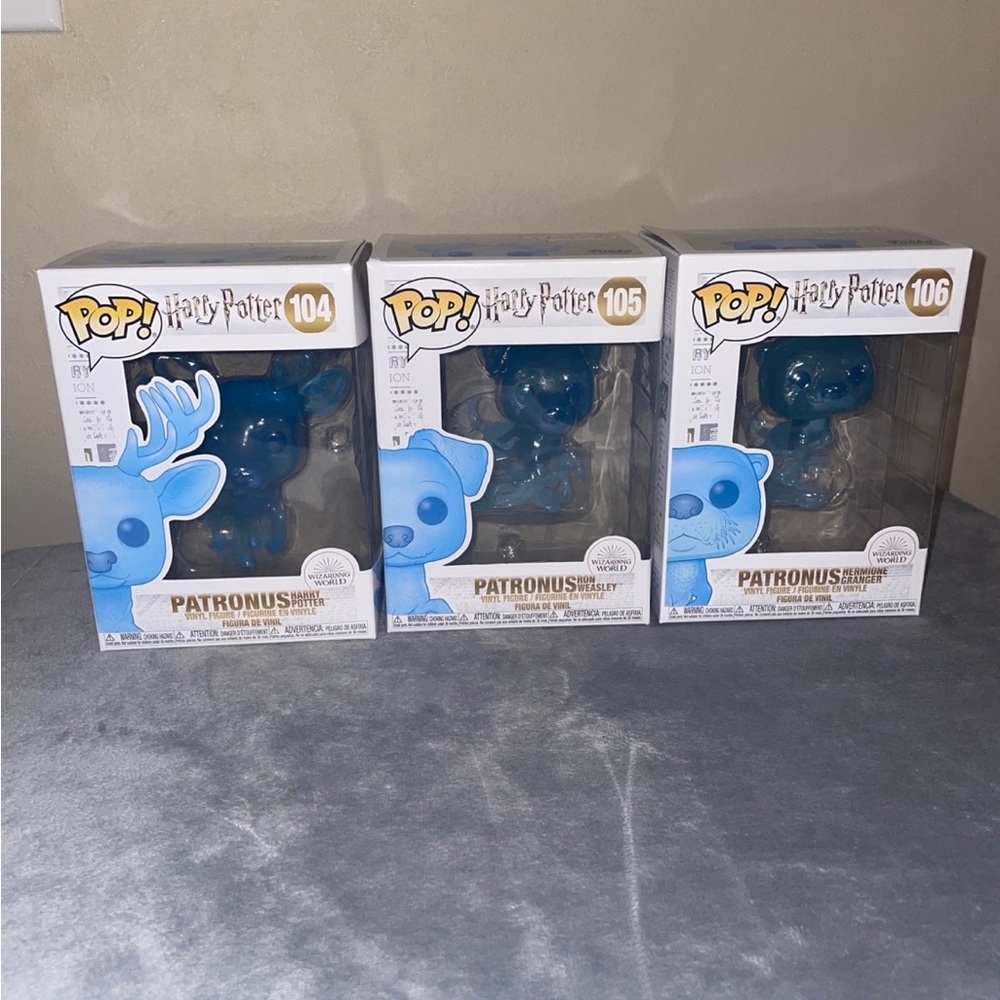 Funko Pop 104, 105, 106 Harry Potter, Ron Weasley, and hermione granger patronus